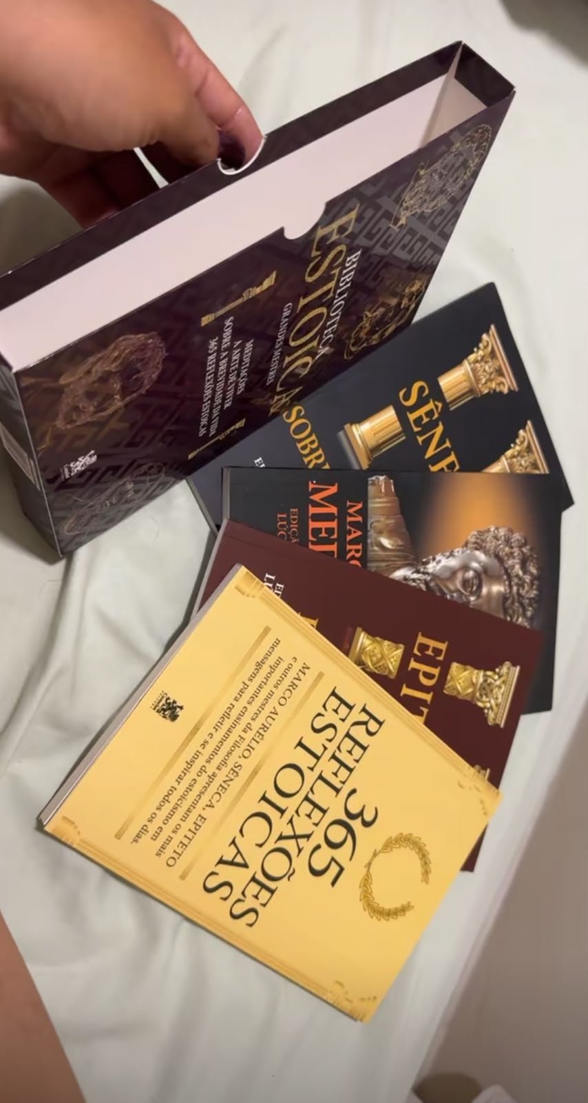 Livros da Biblioteca Estoica ao lado do box
