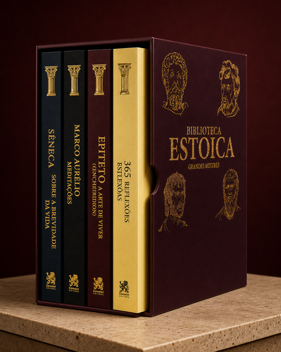 Os quatro livros acomodados dentro do box Biblioteca Estoica Grandes Mestres
