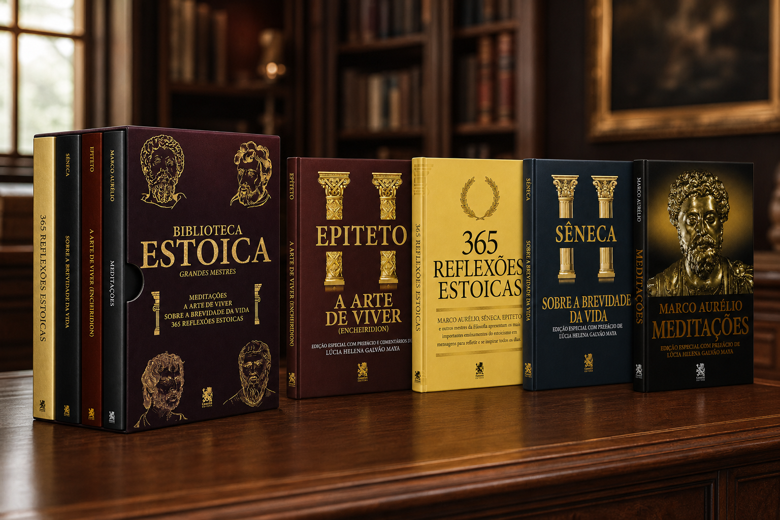 Box Biblioteca Estoica Grandes Mestres ao lado dos quatro livros alinhados sobre uma mesa de leitura